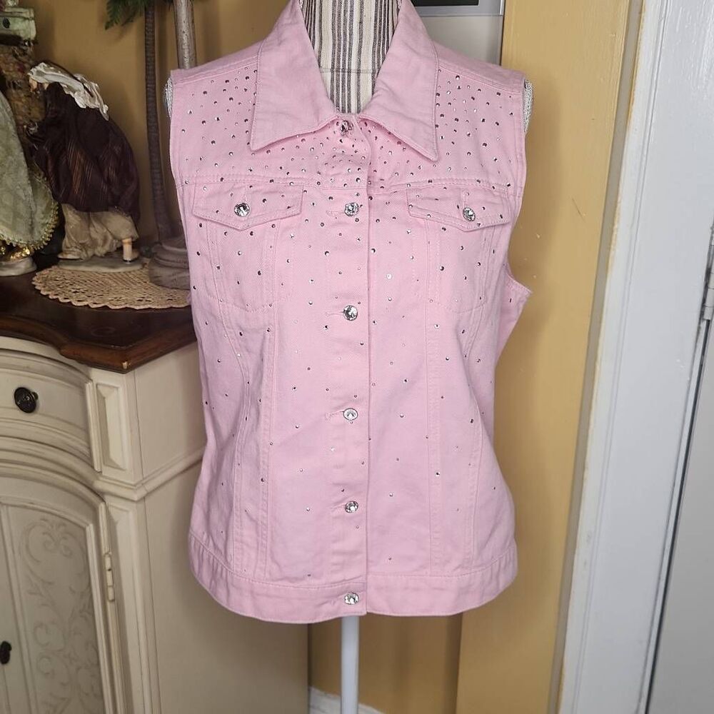 Christine Alexander pink rhinestone embellished jean vest Women's size L